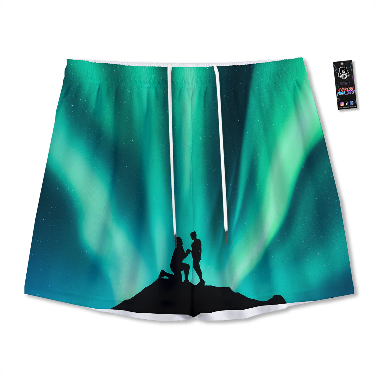 Man Making Marriage With Northern Lights Print Mesh Shorts