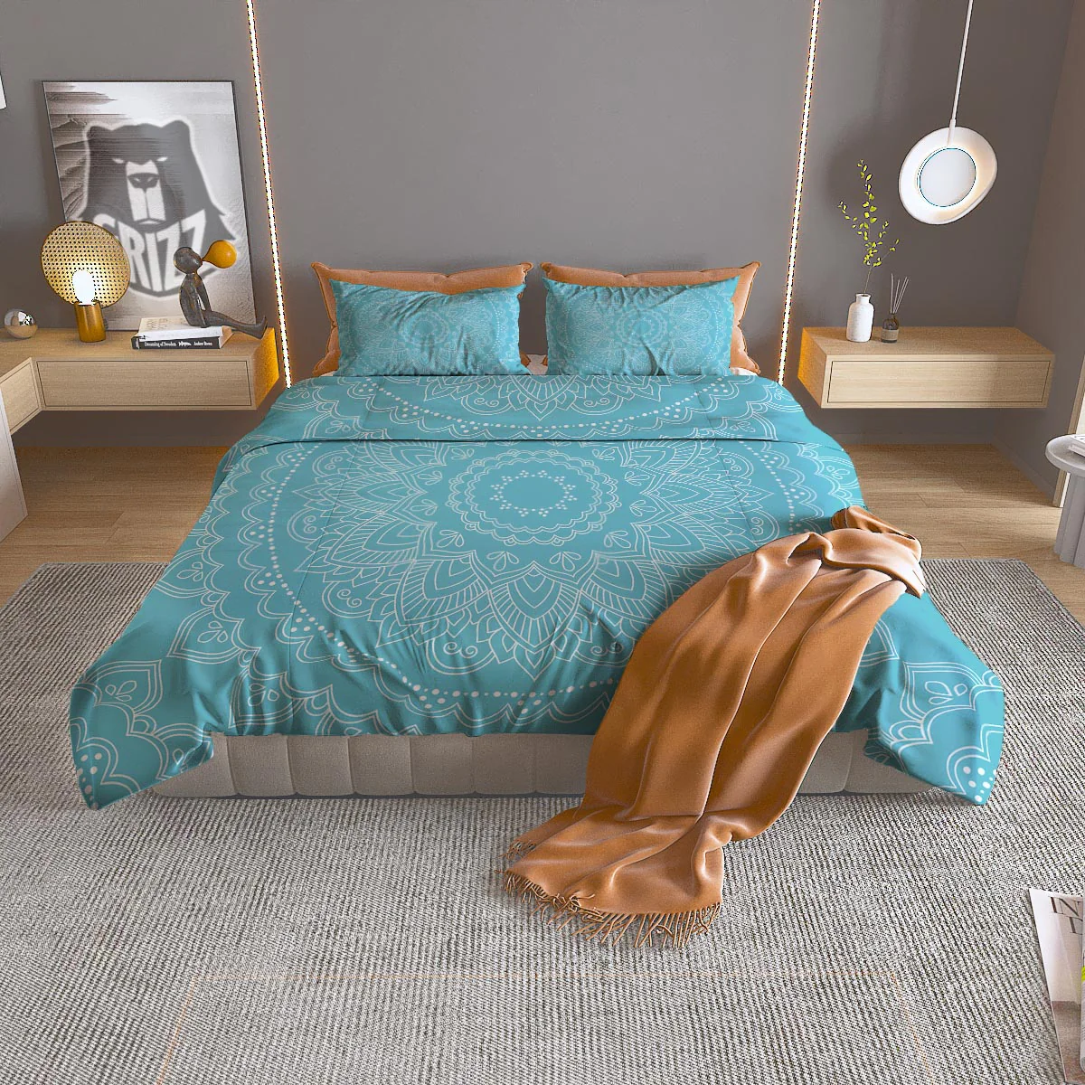 Mandala White And Teal Print Duvet Cover Bedding Set