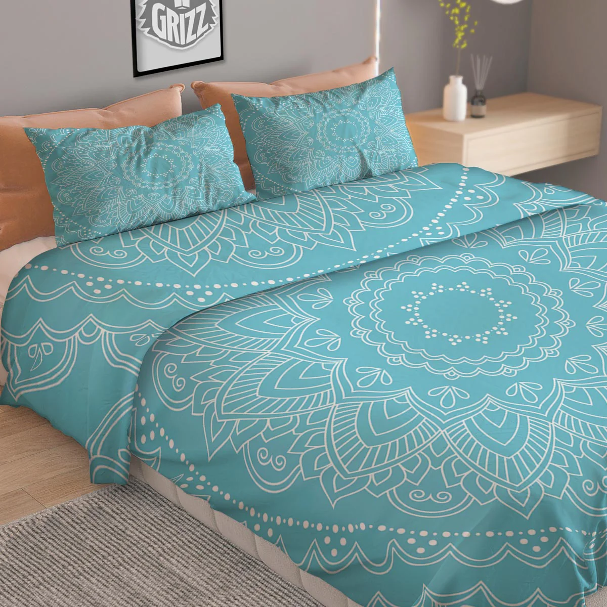 Mandala White And Teal Print Duvet Cover Bedding Set - Image 2