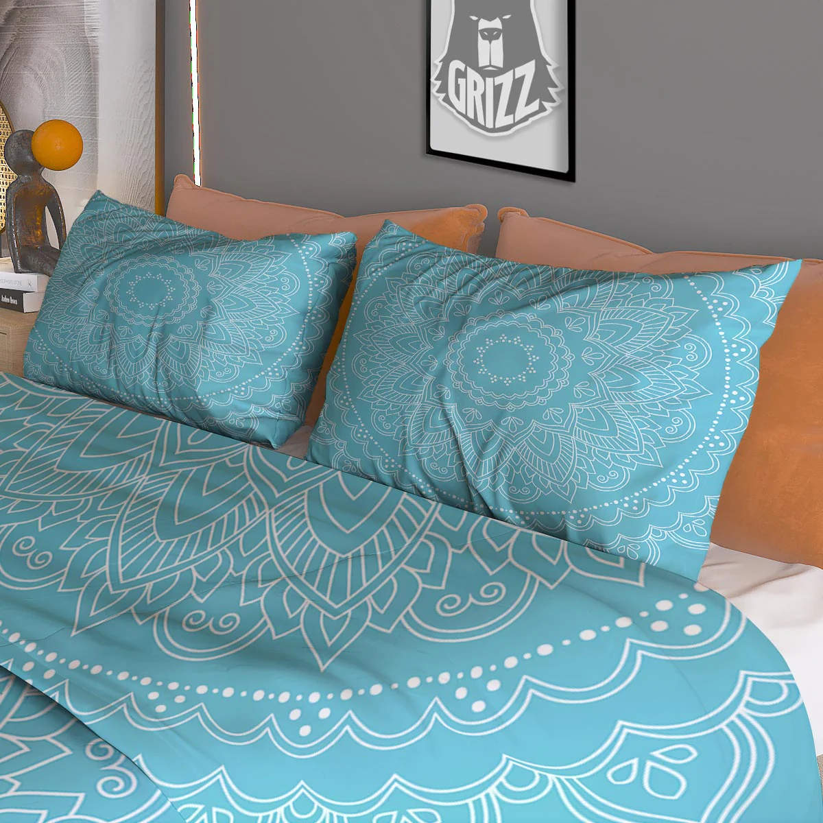 Mandala White And Teal Print Duvet Cover Bedding Set - Image 3