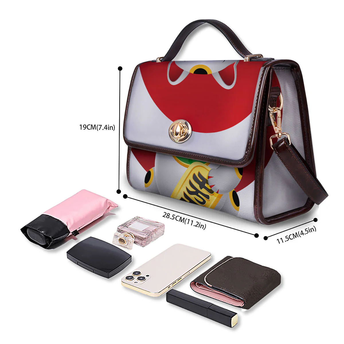 Maneki Neko Japanese Lucky Cat Print Women's Satchel Bag - Image 4