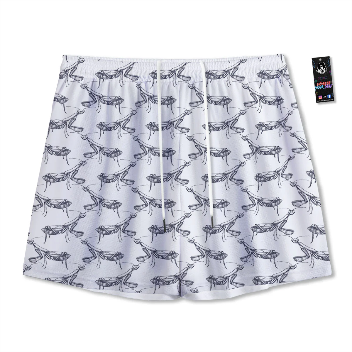 Mantis Hand Drawn Print Pattern Mesh Shorts