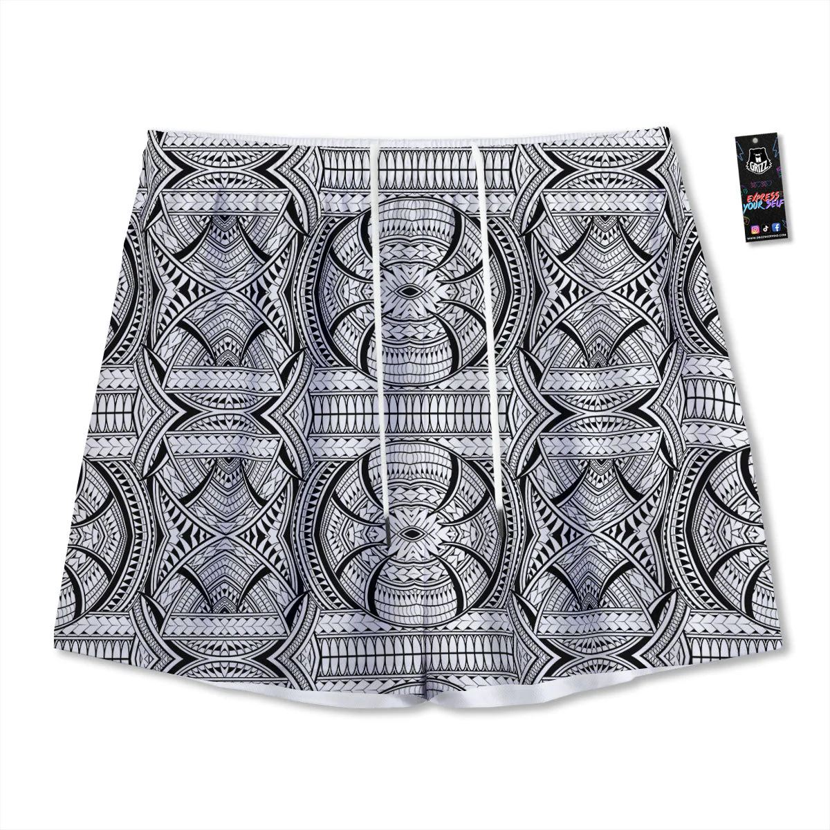 Maori Polynesian White And Black Print Mesh Shorts