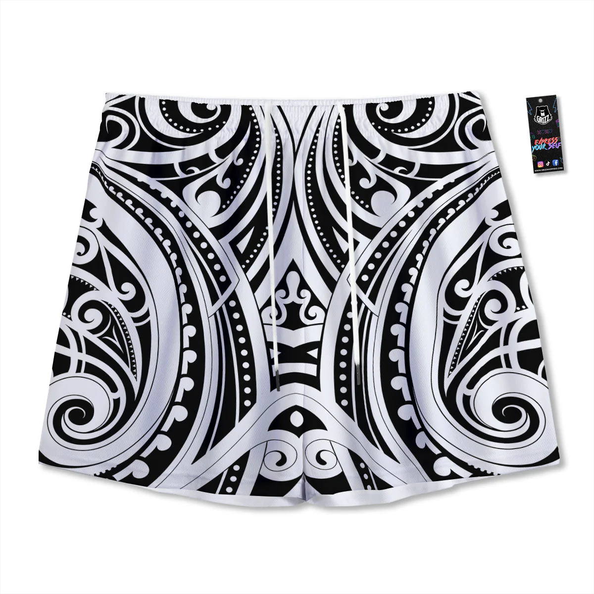 Maori Tattoo White And Black Print Mesh Shorts