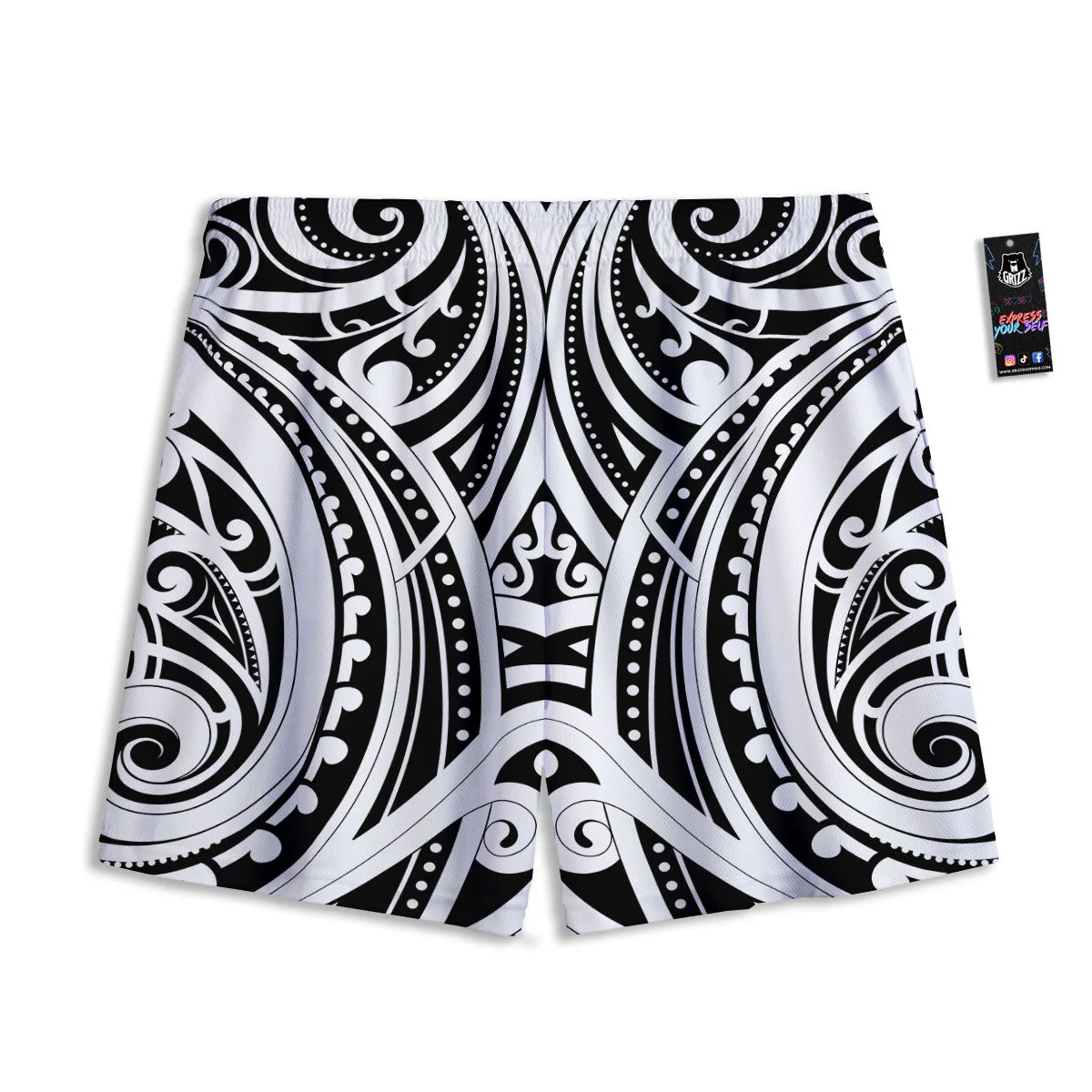 Maori Tattoo White And Black Print Mesh Shorts - Image 2