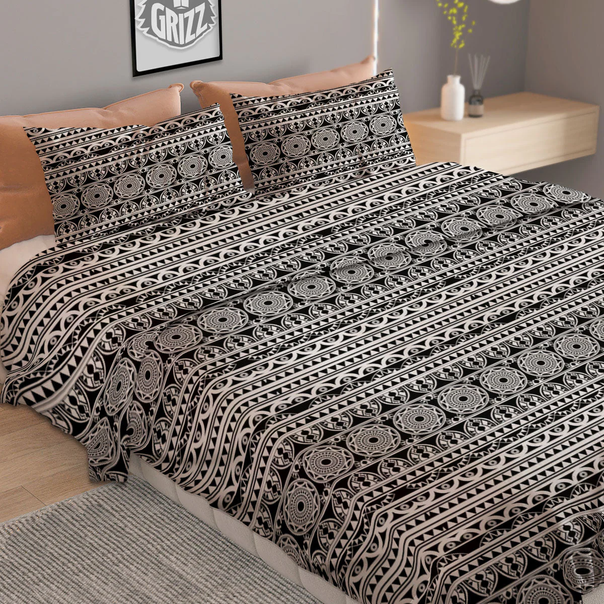 Maori Tribal White And Black Print Duvet Cover Bedding Set - Image 2