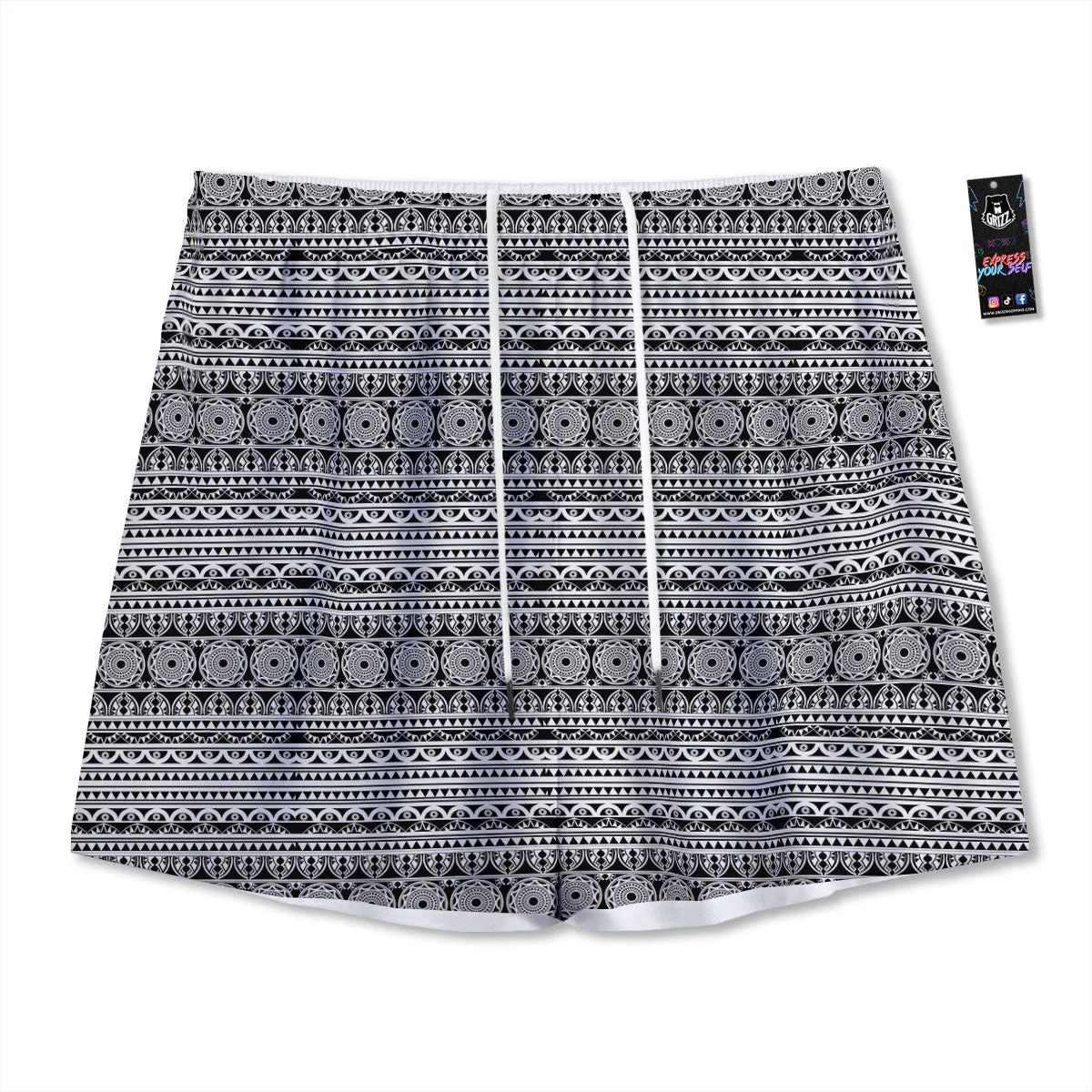 Maori Tribal White And Black Print Mesh Shorts