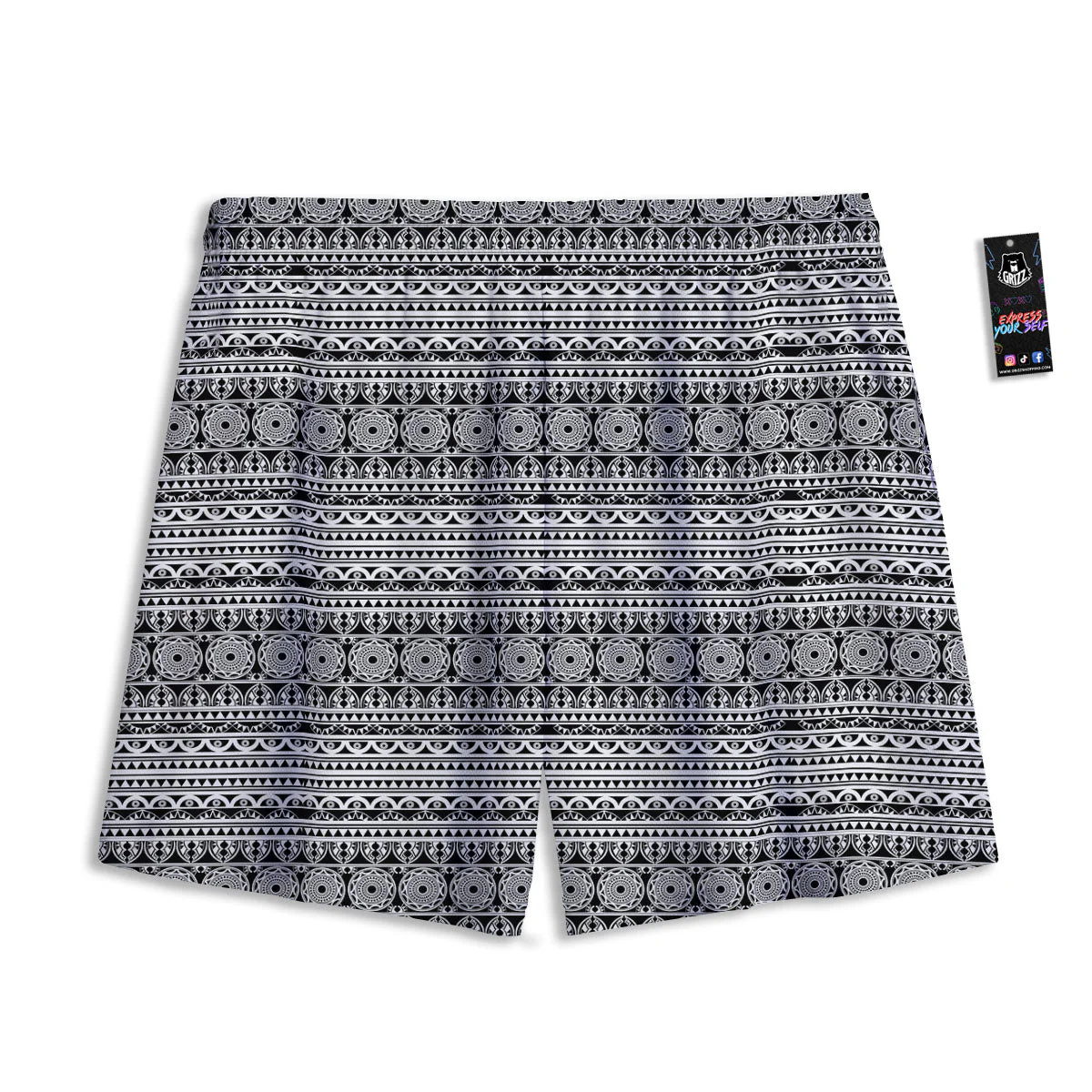 Maori Tribal White And Black Print Mesh Shorts - Image 2