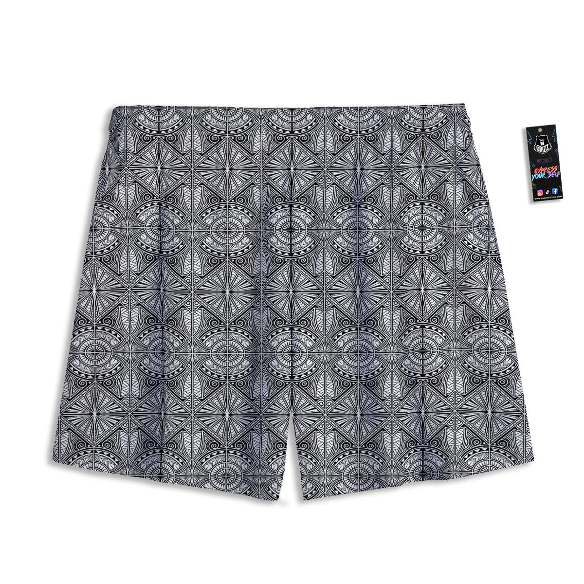 Maori White And Black Print Pattern Mesh Shorts - Image 2
