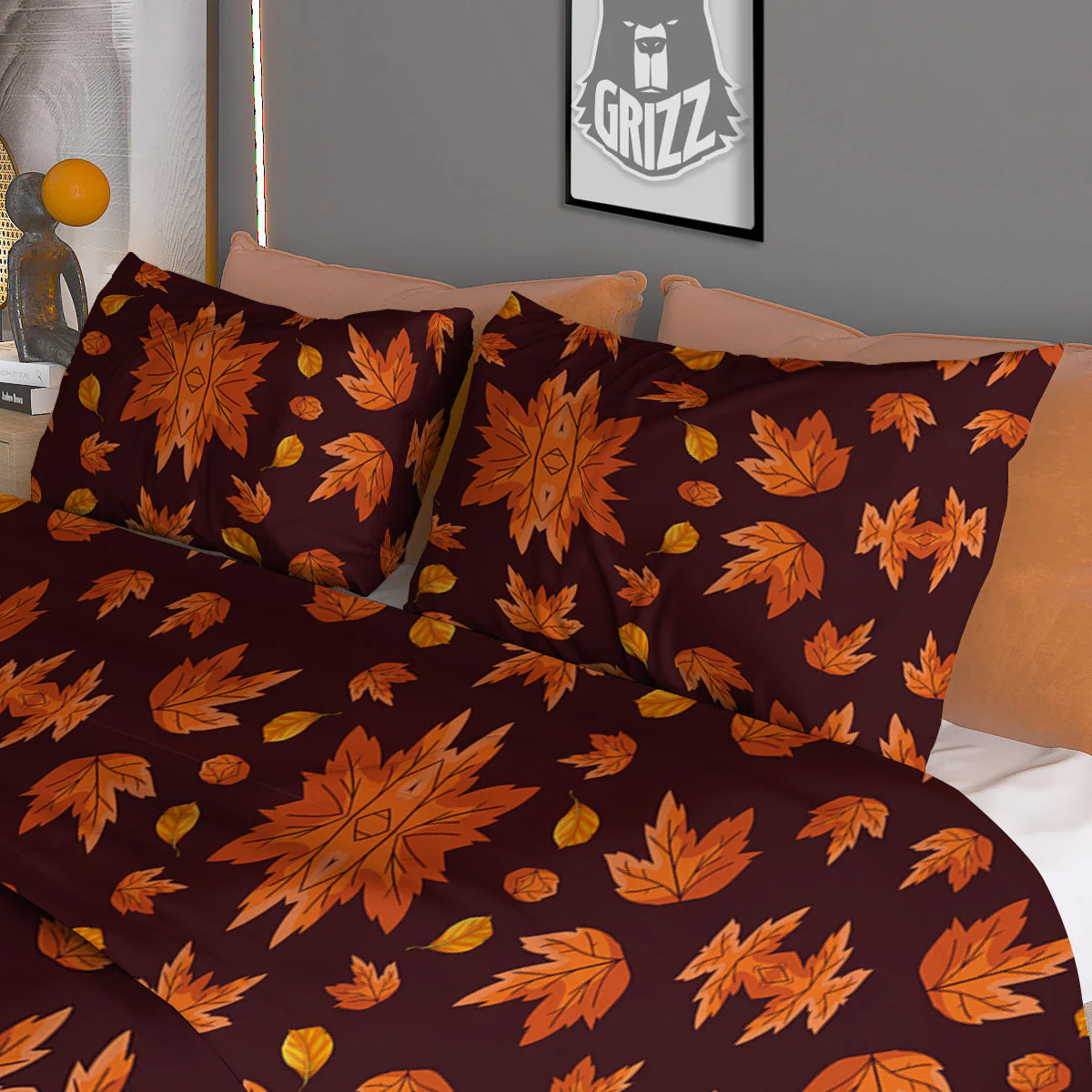 Maple Leaves Orange Print Pattern Duvet Cover Bedding Set - Image 3