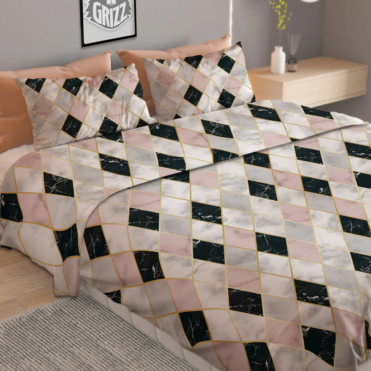 Marble Argyle White Pink And Black Print Duvet Cover Bedding Set - Image 2