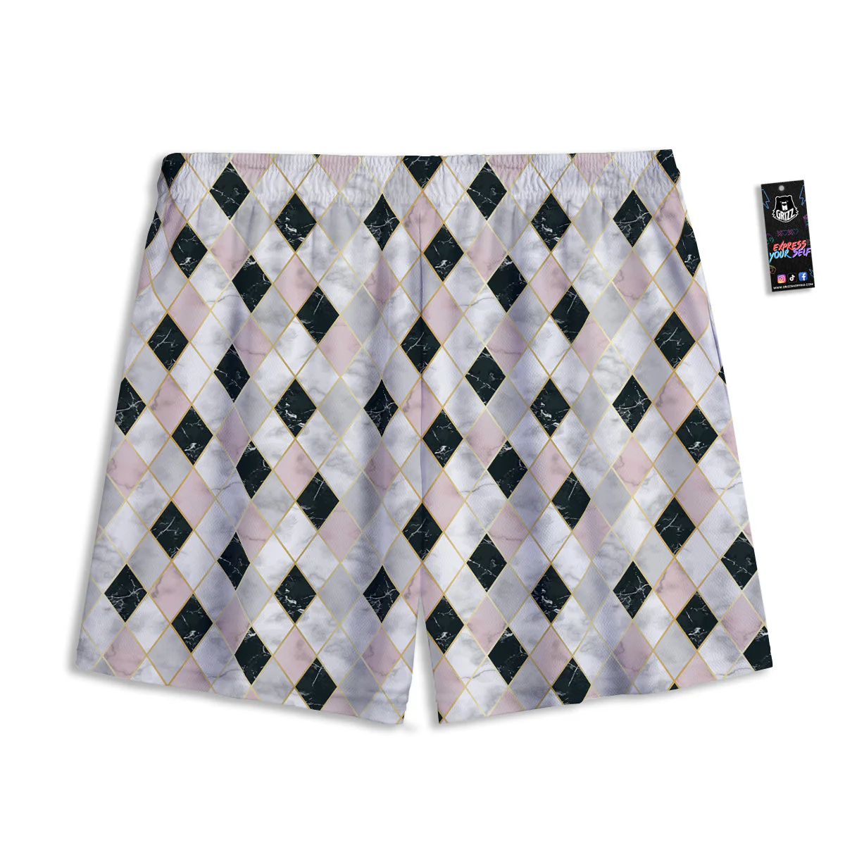 Marble Argyle White Pink And Black Print Mesh Shorts - Image 2