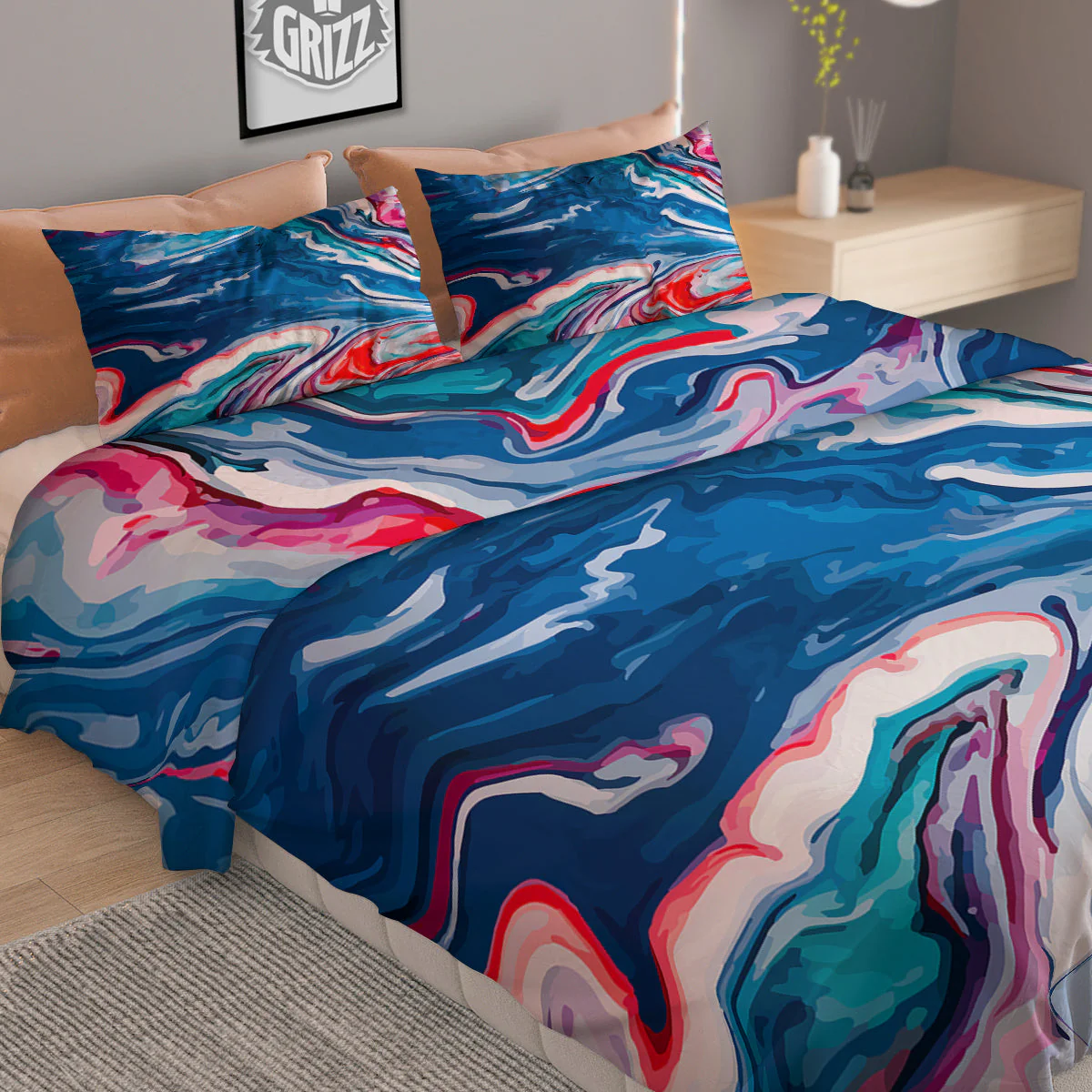 Marble Cartoon Texture Red Blue Print Duvet Cover Bedding Set - Image 2