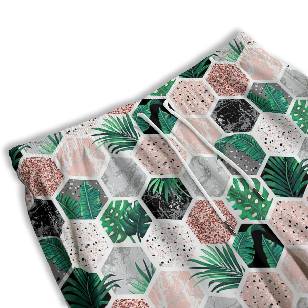 Marble Geometric And Tropical Leaves Print Men's Athletic Shorts - Image 3