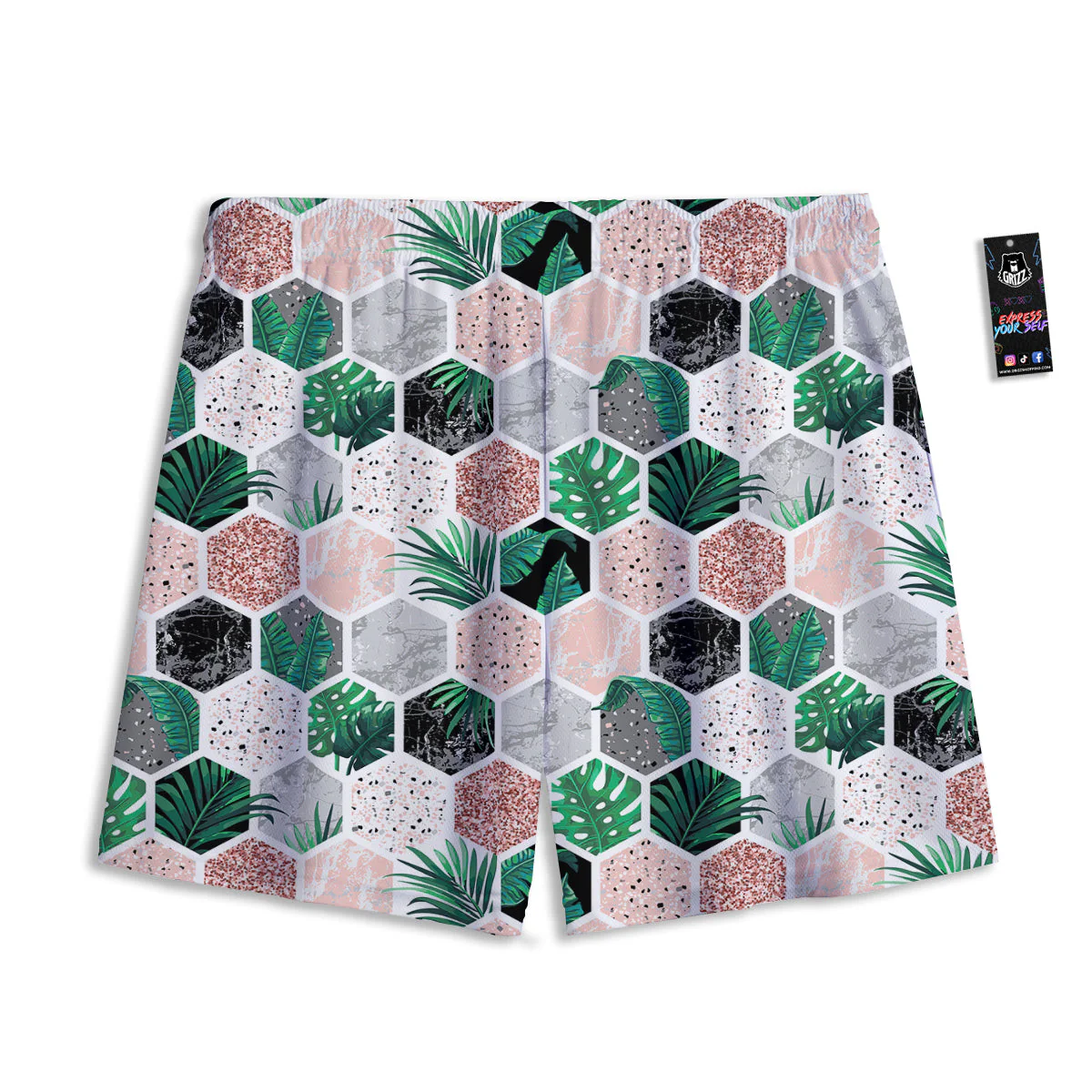 Marble Geometric And Tropical Leaves Print Mesh Shorts - Image 2