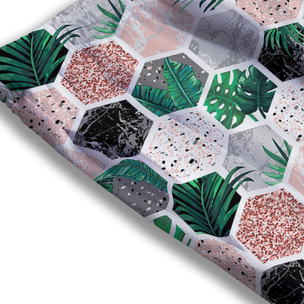 Marble Geometric And Tropical Leaves Print Mesh Shorts - Image 3