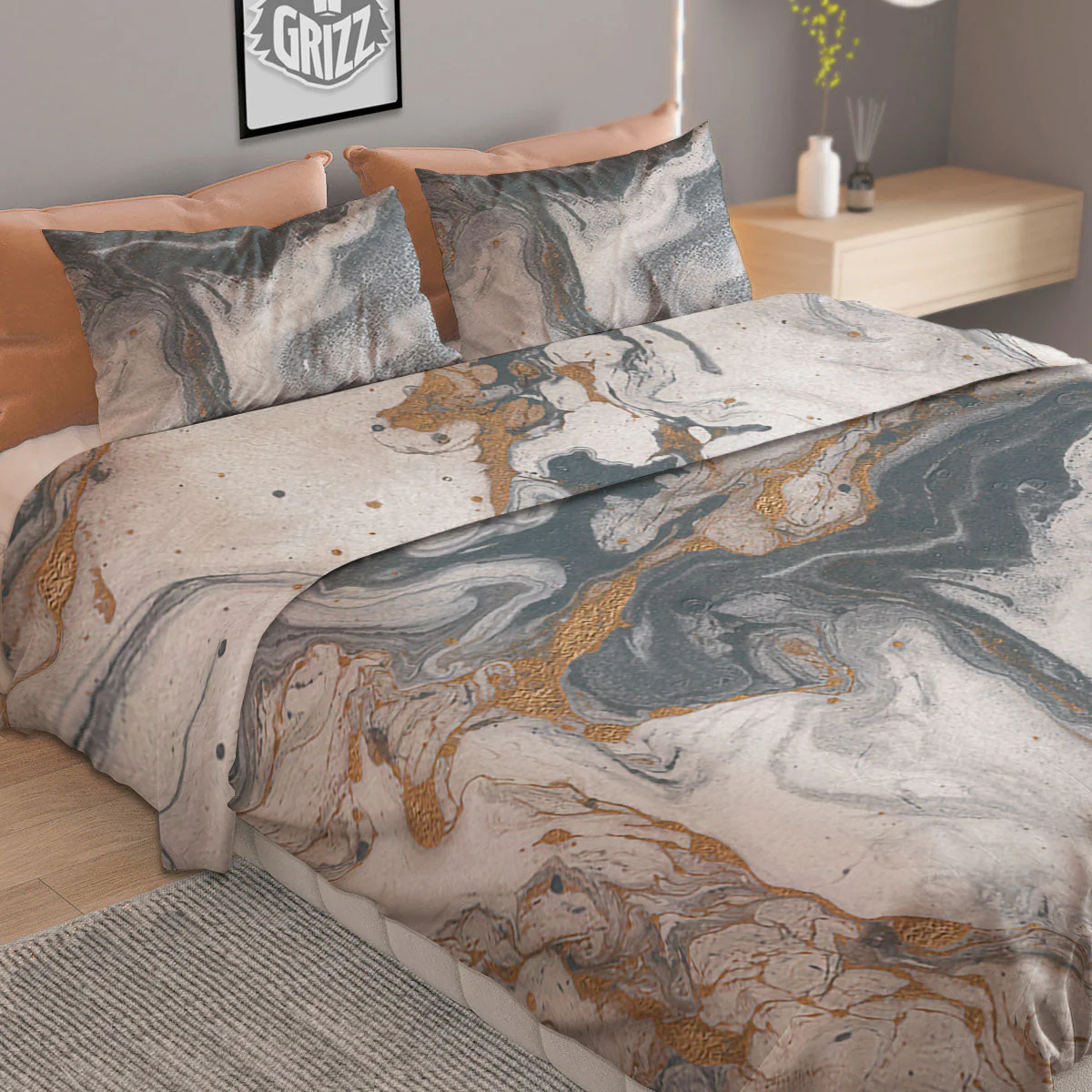Marble Grey Bronze Print Duvet Cover Bedding Set - Image 2