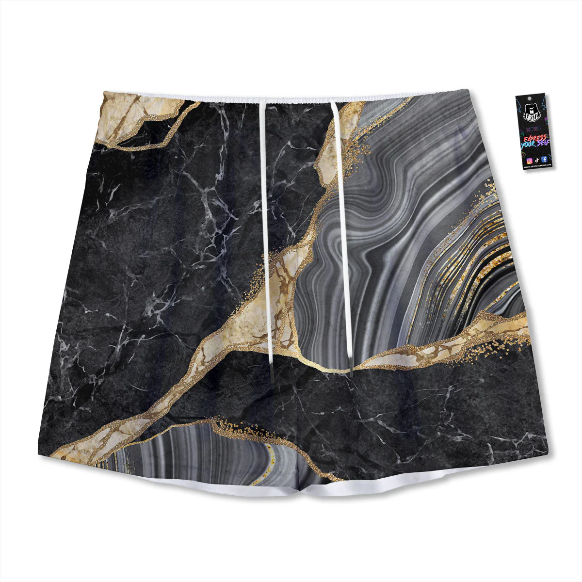 Marble Liquid Black Gold Print Mesh Shorts