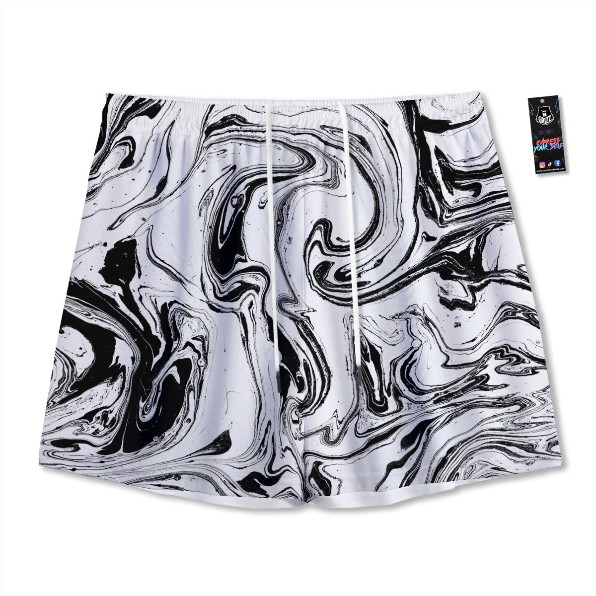 Marble Liquid Black White Print Mesh Shorts