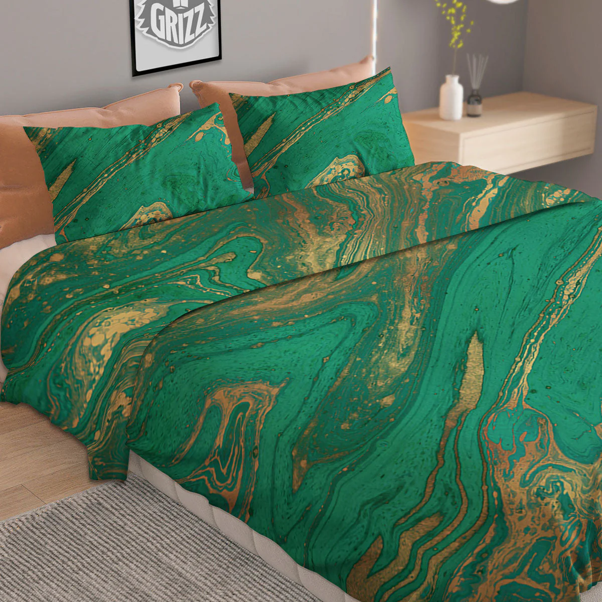 Marble Liquid Green Gold Print Duvet Cover Bedding Set - Image 2