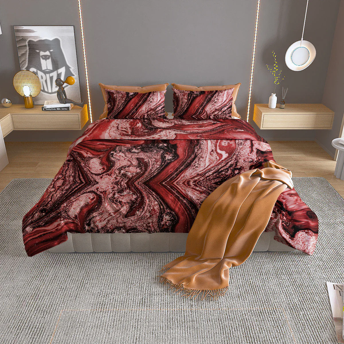 Marble Red Print Pattern Duvet Cover Bedding Set