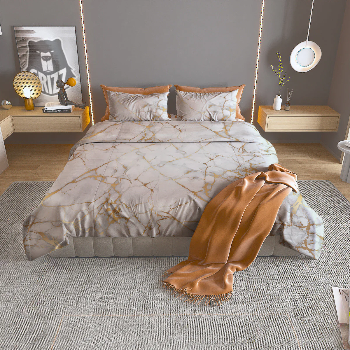 Marble White Gold Print Pattern Duvet Cover Bedding Set