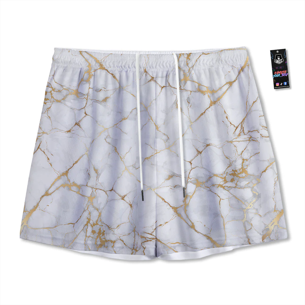 Marble White Gold Print Pattern Mesh Shorts