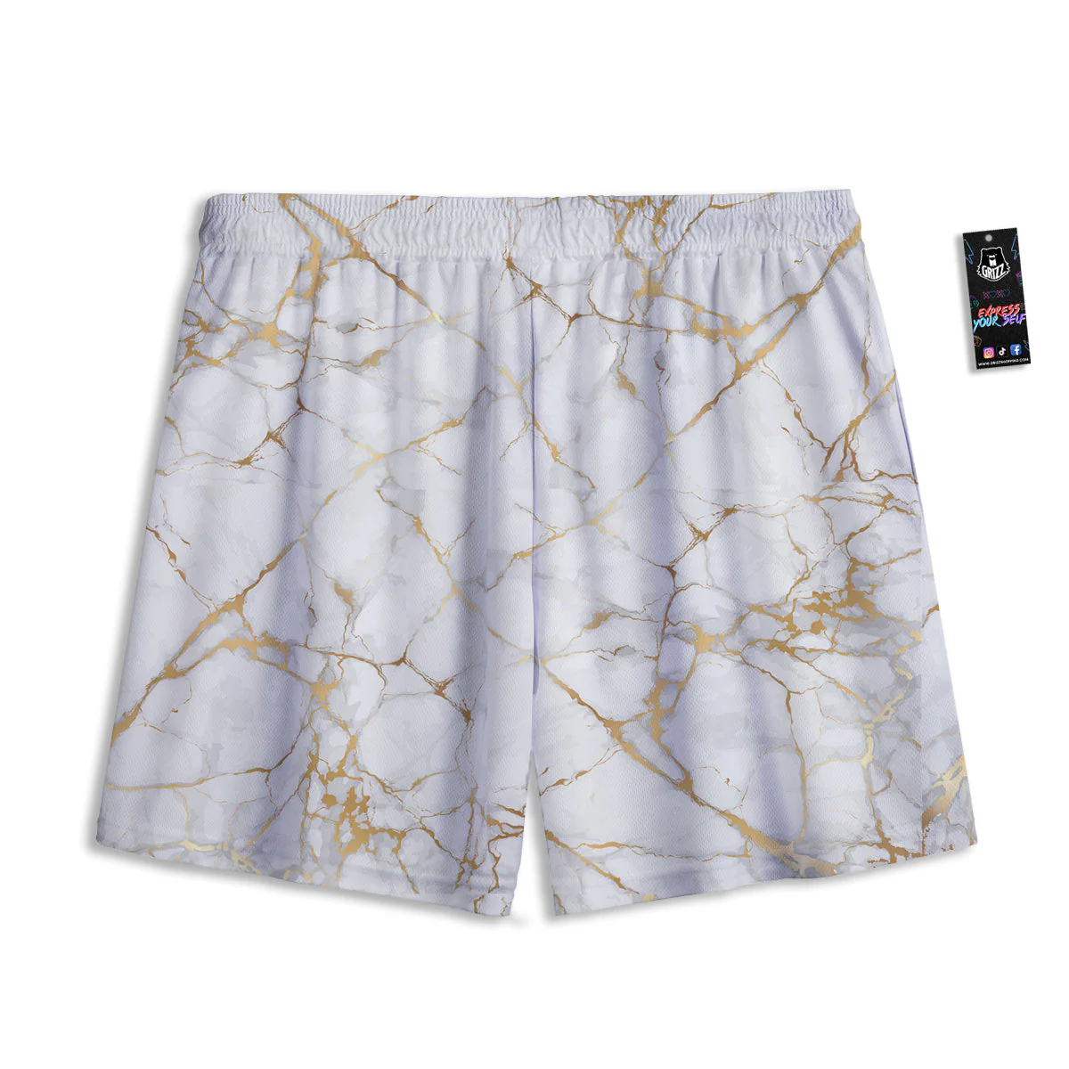 Marble White Gold Print Pattern Mesh Shorts - Image 2