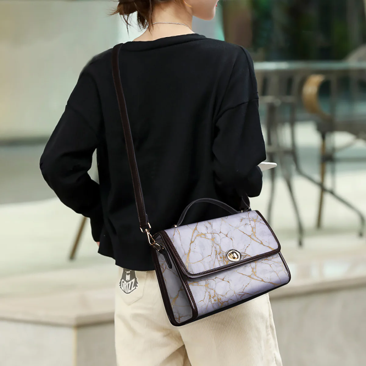 Marble White Gold Print Pattern Women's Satchel Bag - Image 3