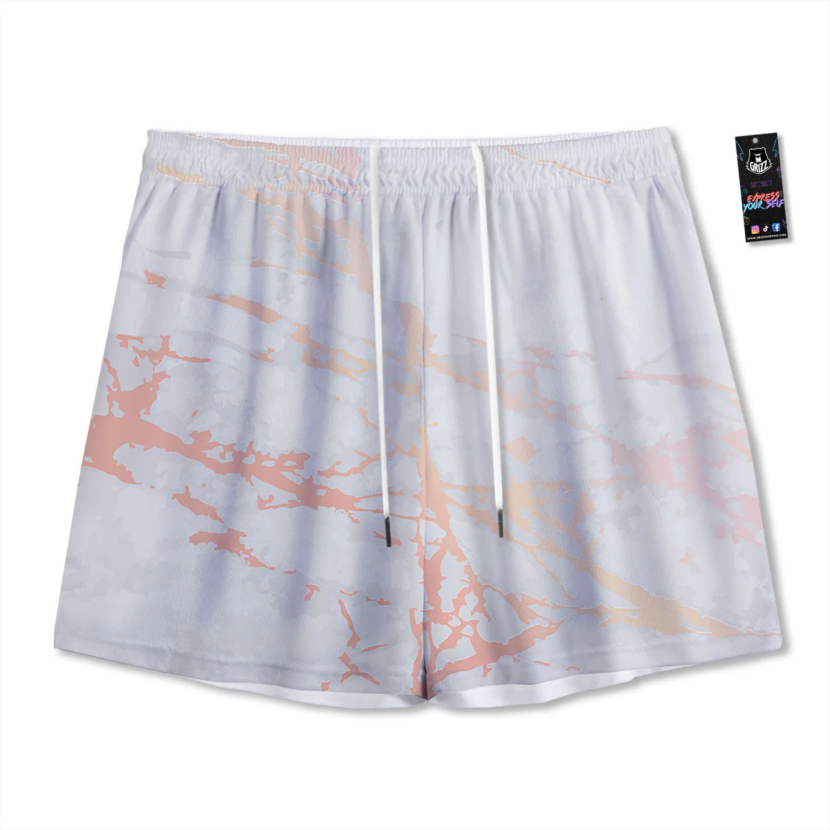 Marble White Rose Gold Print Mesh Shorts