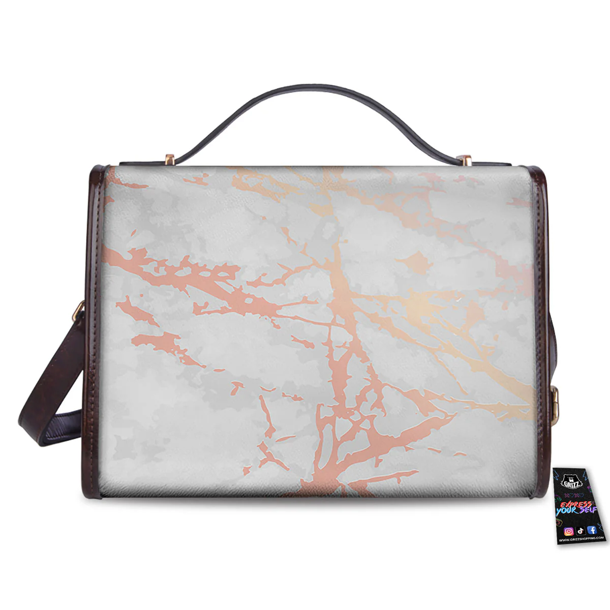 Marble White Rose Gold Print Women's Satchel Bag - Image 2