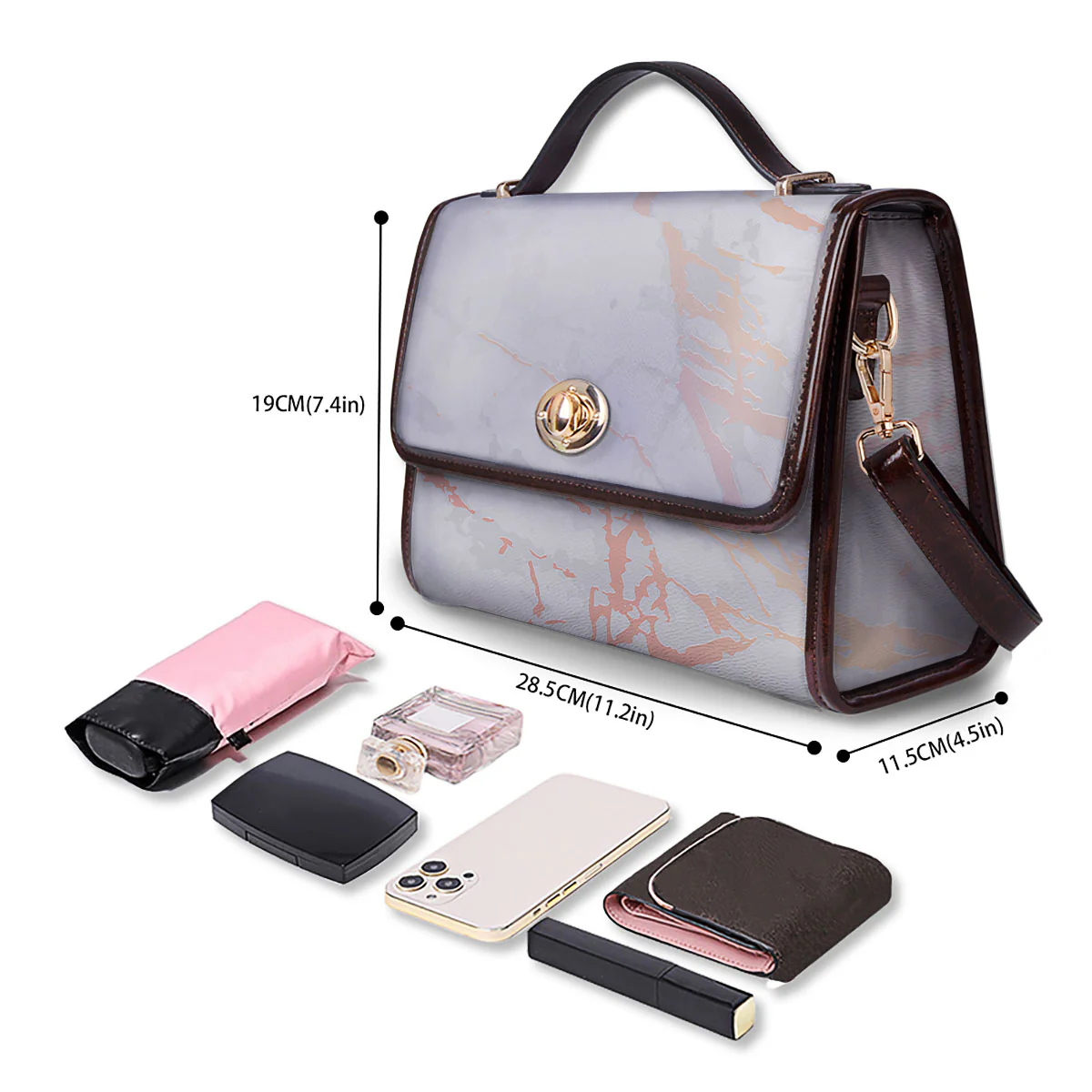 Marble White Rose Gold Print Women's Satchel Bag - Image 4