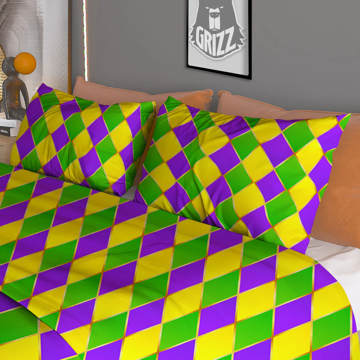 Mardi Gras Purple Green And Yellow Print Pattern Duvet Cover Bedding Set - Image 3