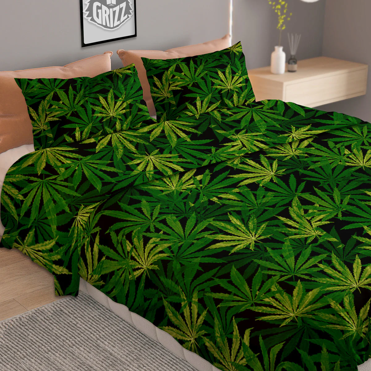 Marijuana Leaf Watercolor Print Pattern Duvet Cover Bedding Set - Image 2