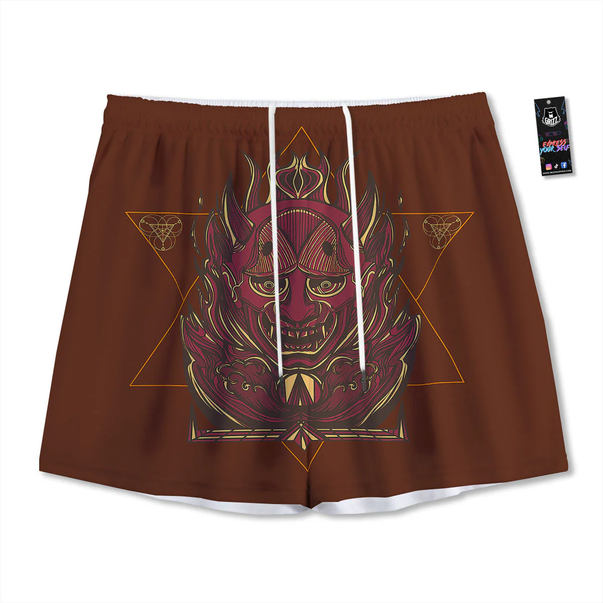 Mask Geometric Samurai Print Mesh Shorts