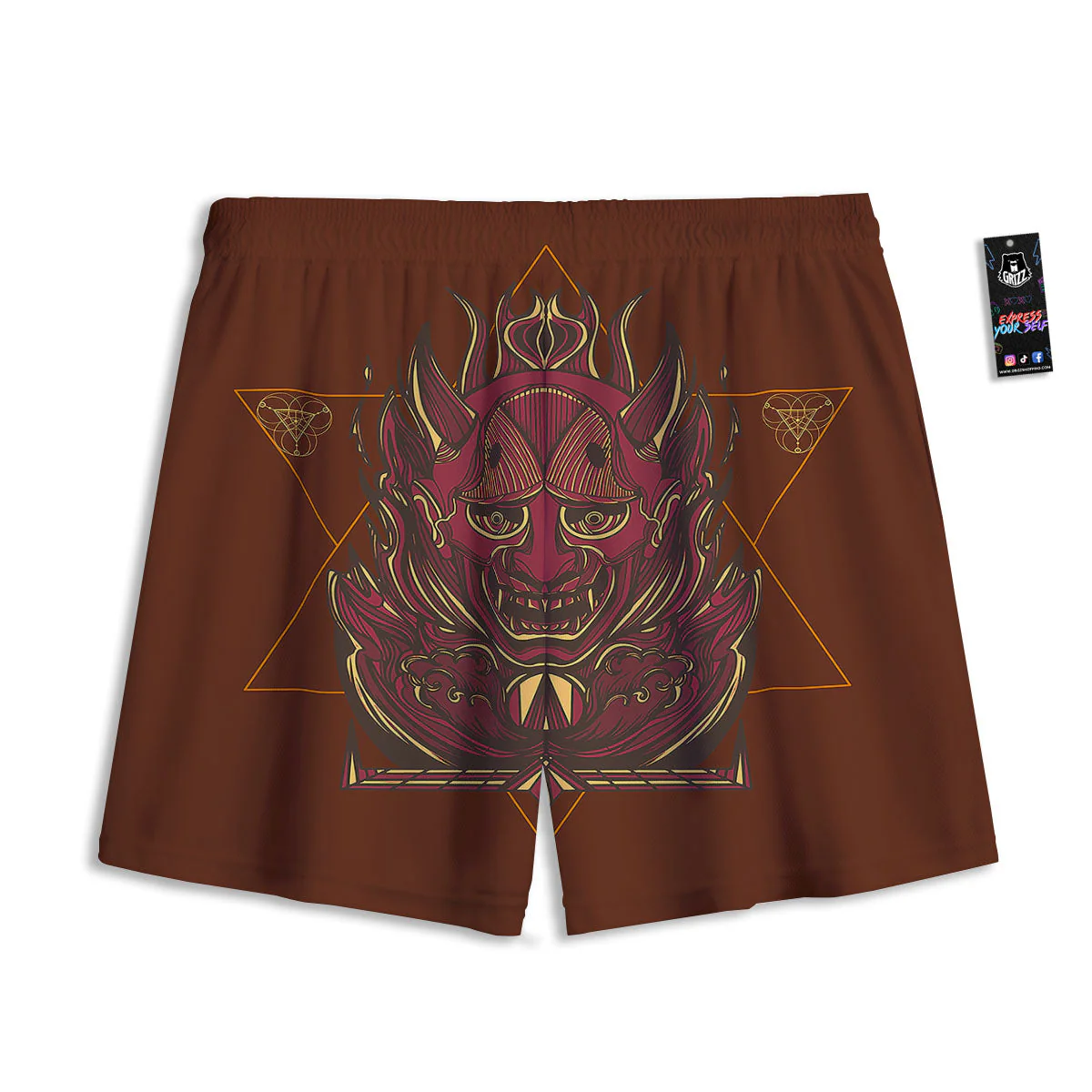 Mask Geometric Samurai Print Mesh Shorts - Image 2