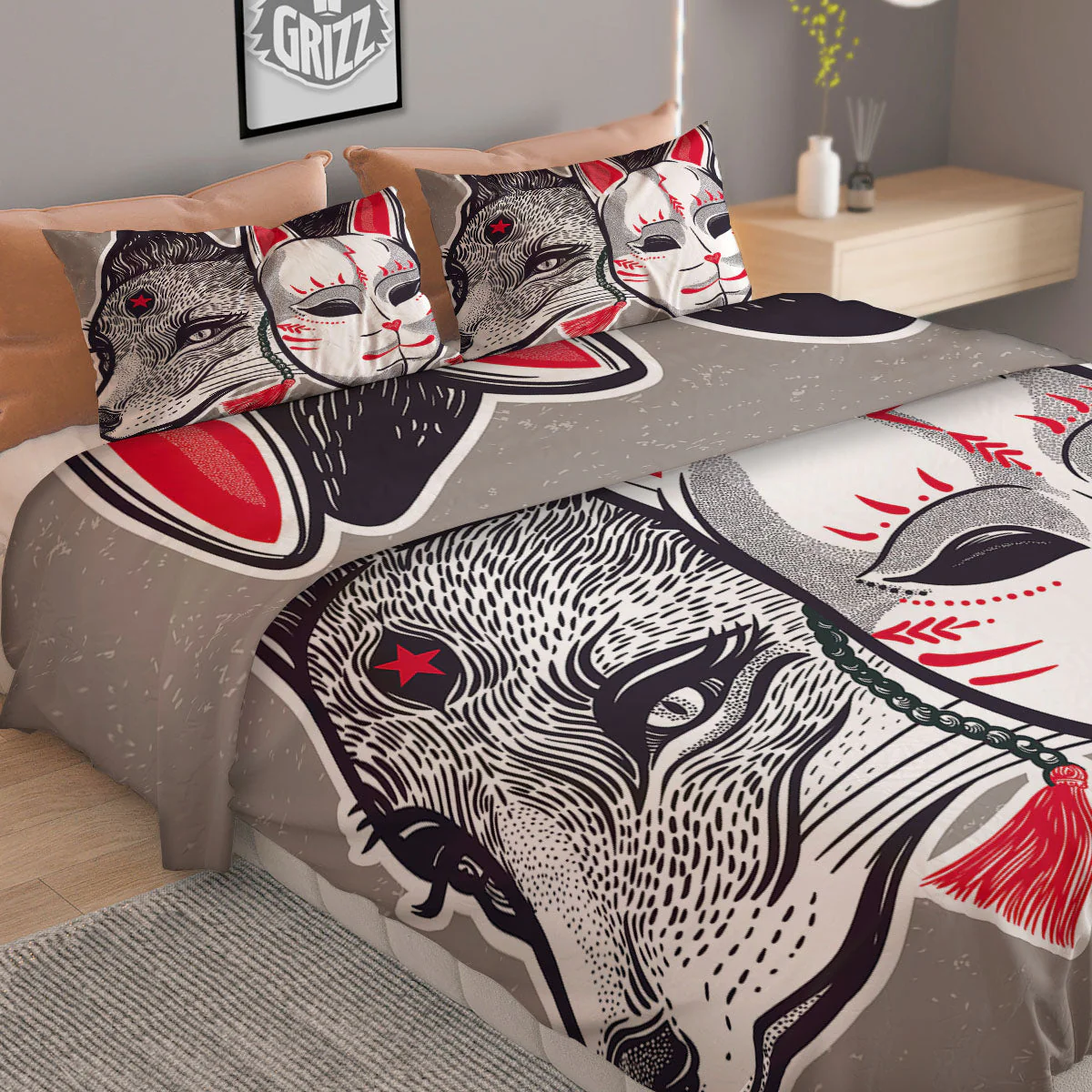 Mask Japanese Fox Print Duvet Cover Bedding Set - Image 2