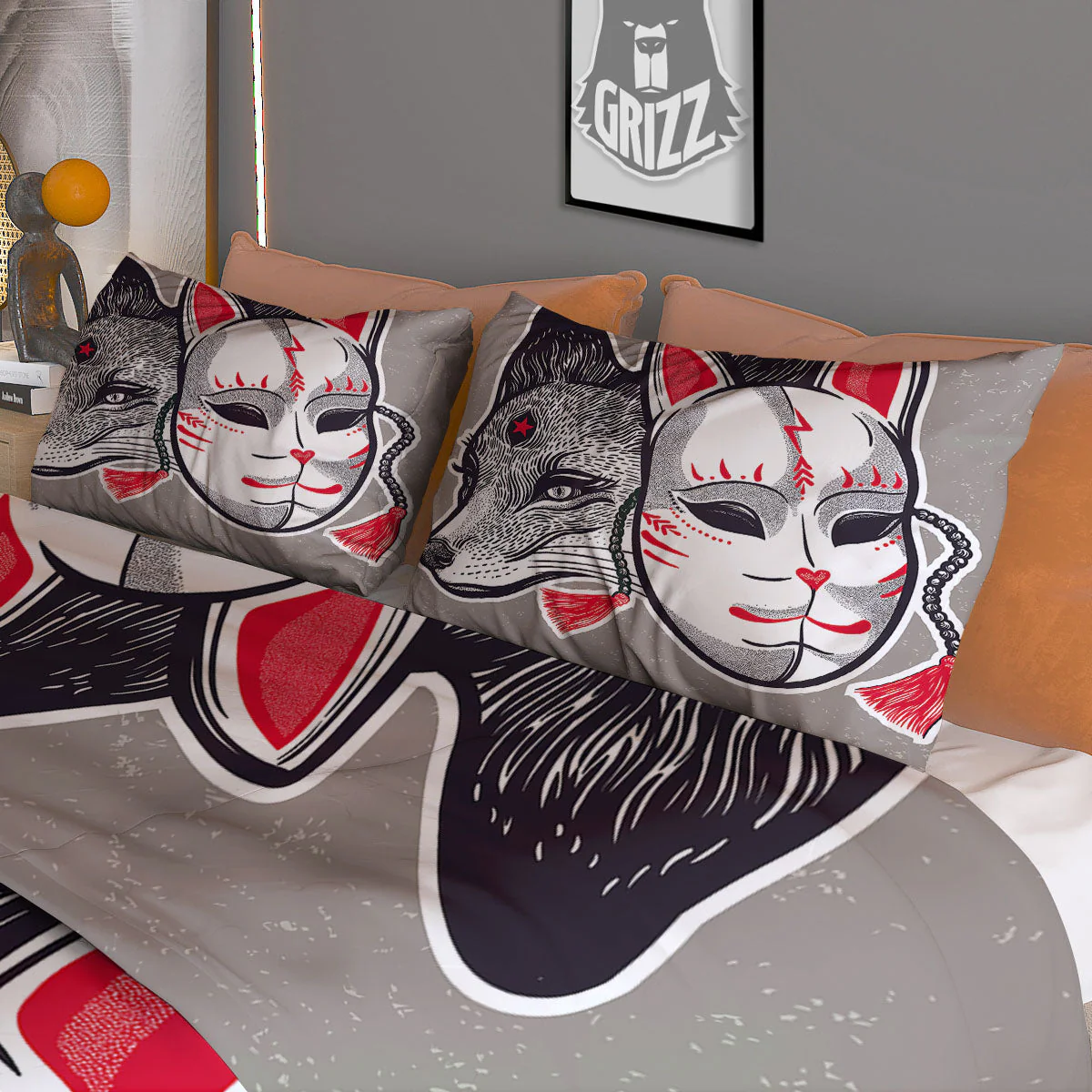 Mask Japanese Fox Print Duvet Cover Bedding Set - Image 3