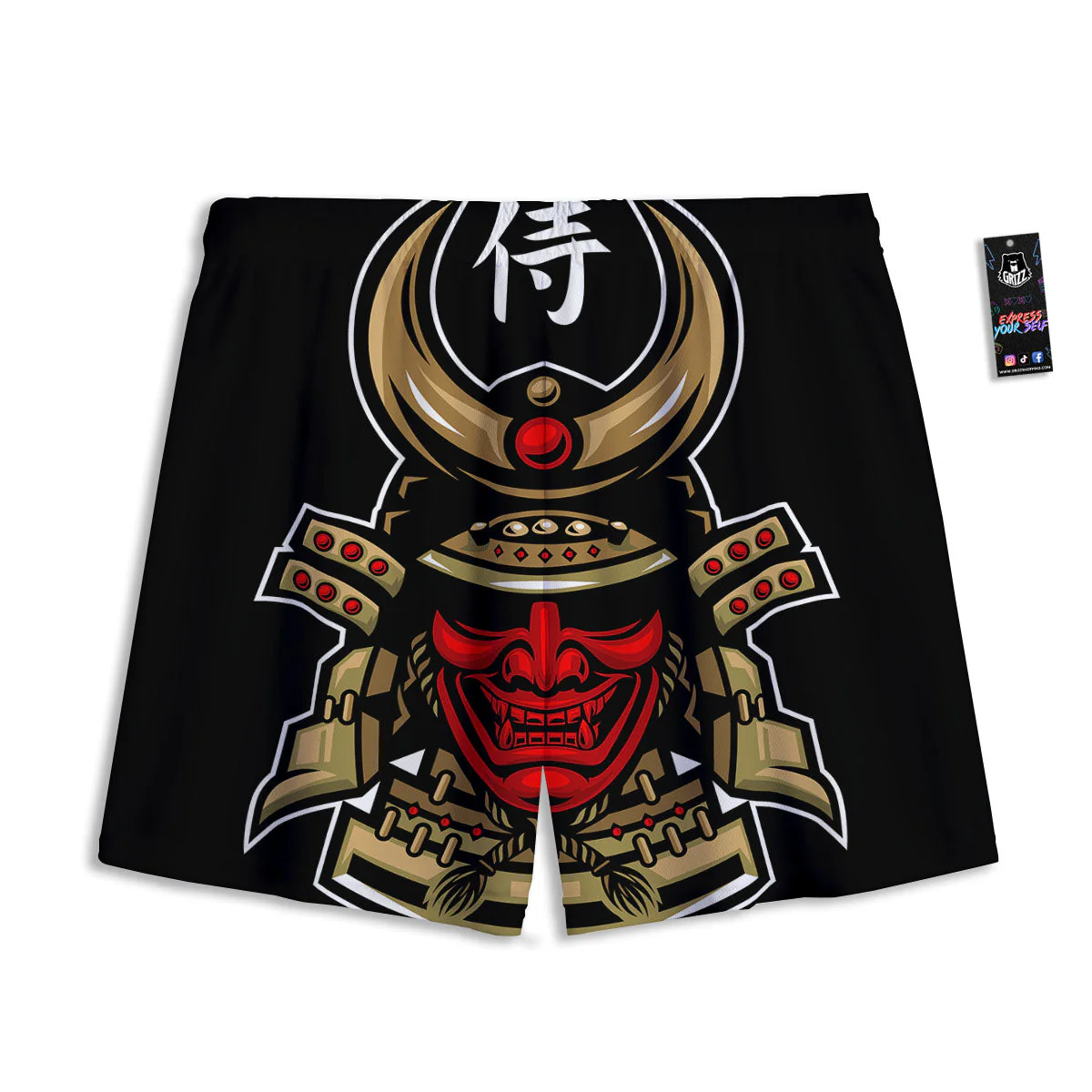 Mask Japanese Samurai Print Mesh Shorts - Image 2