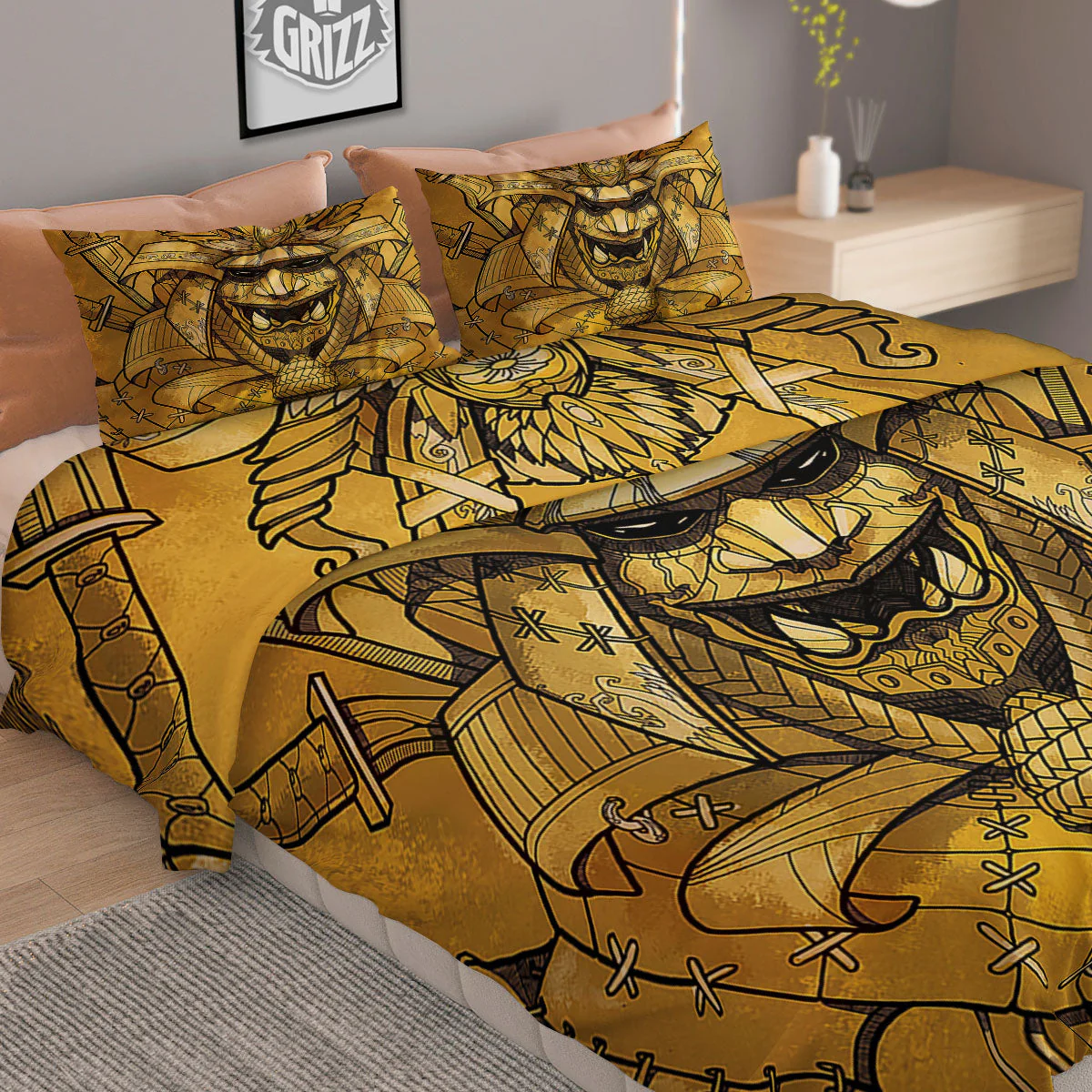Mask Samurai Gold Print Duvet Cover Bedding Set - Image 2
