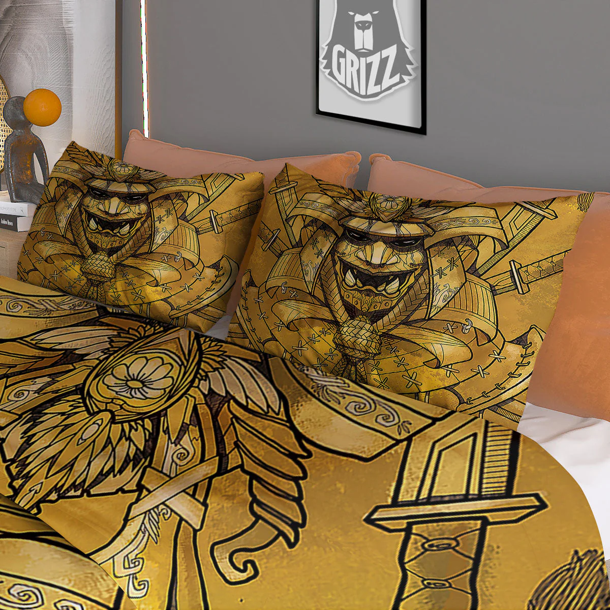 Mask Samurai Gold Print Duvet Cover Bedding Set - Image 3
