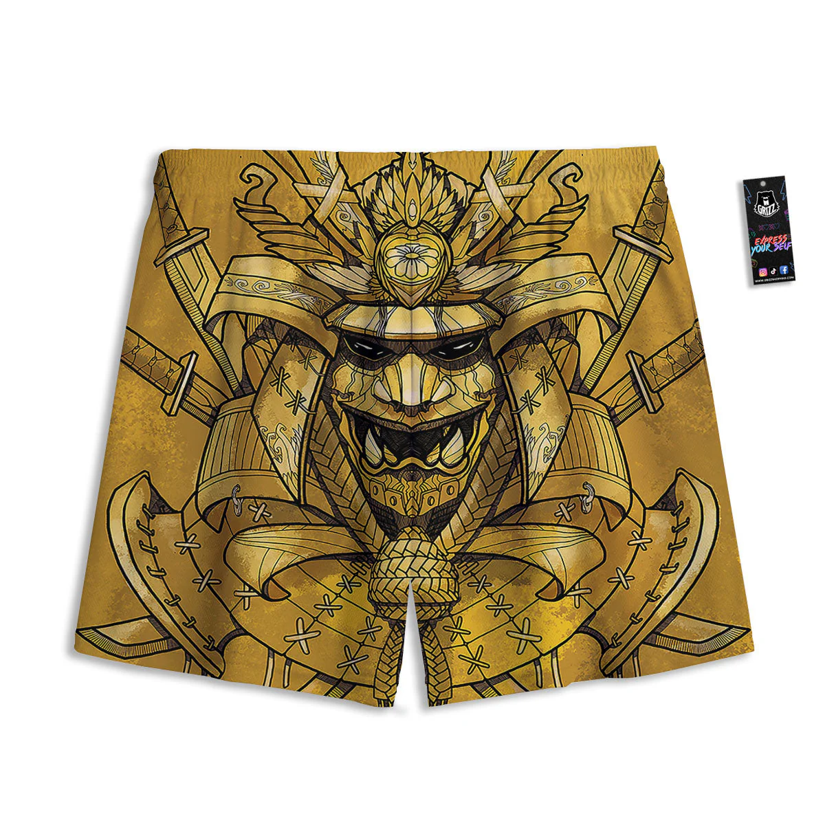 Mask Samurai Gold Print Mesh Shorts - Image 2