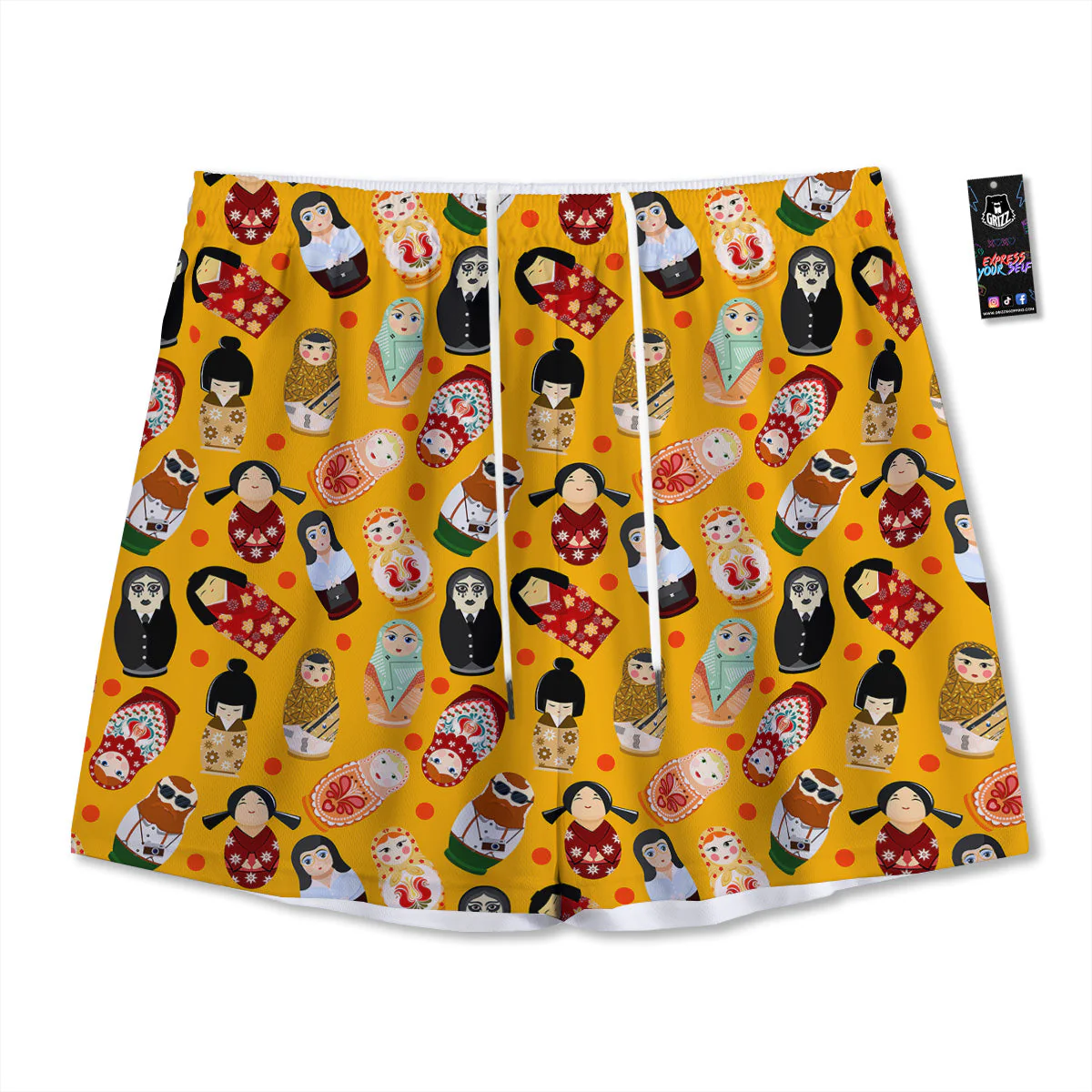 Matryoshka Doll Yellow Print Pattern Mesh Shorts