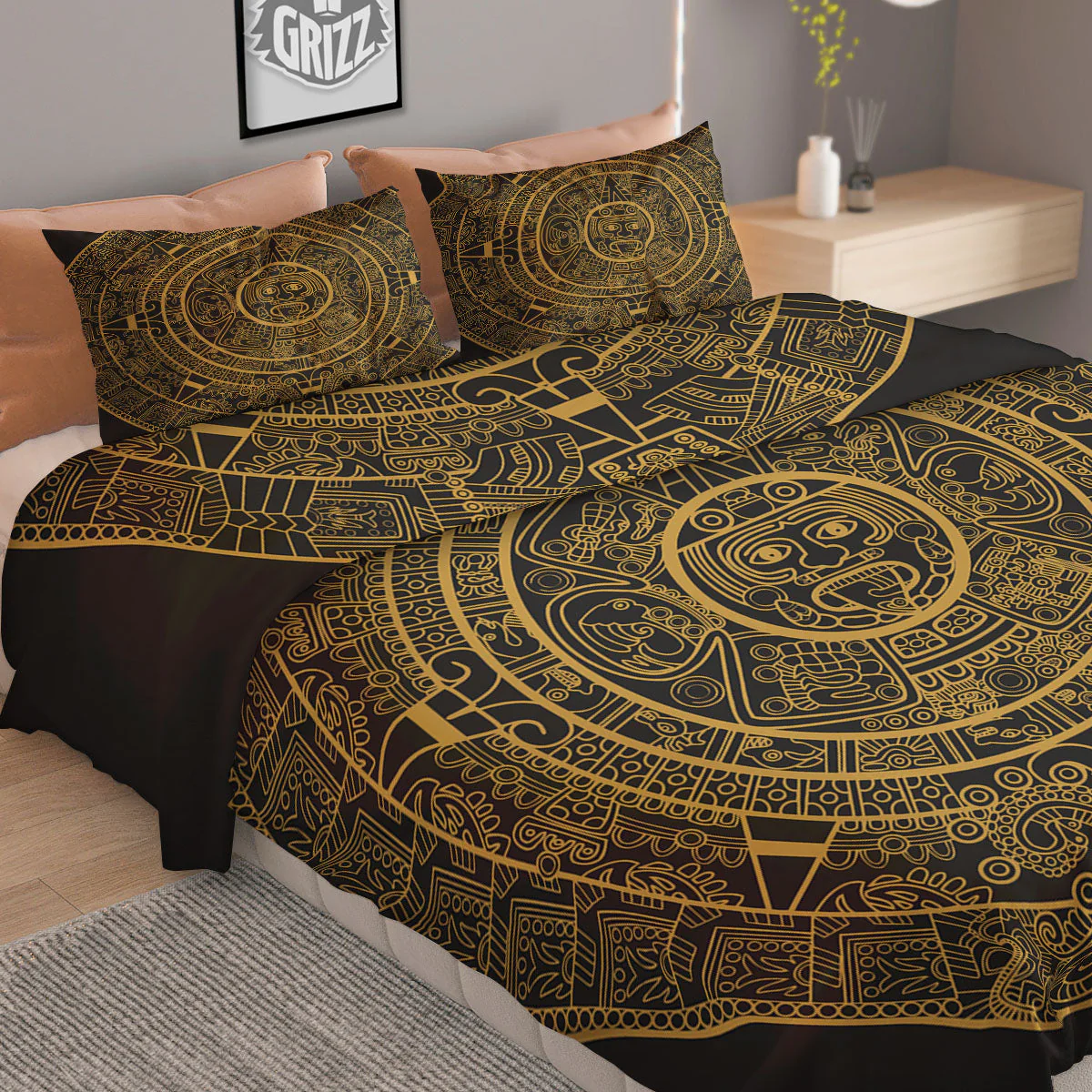 Maya Calendar Yellow And Black Print Duvet Cover Bedding Set - Image 2