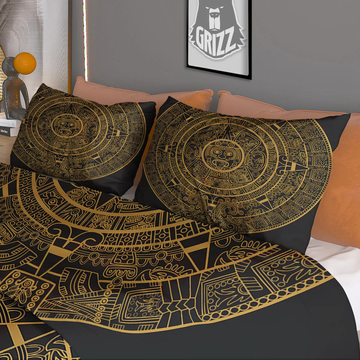 Maya Calendar Yellow And Black Print Duvet Cover Bedding Set - Image 3