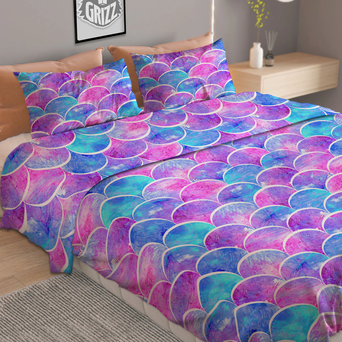 Mermaid Scales Sea Blue Print Pattern Duvet Cover Bedding Set - Image 2