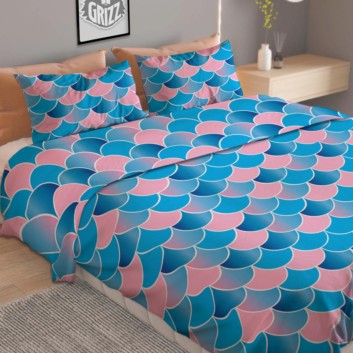 Mermaid Scales Teal Pink Print Pattern Duvet Cover Bedding Set - Image 2