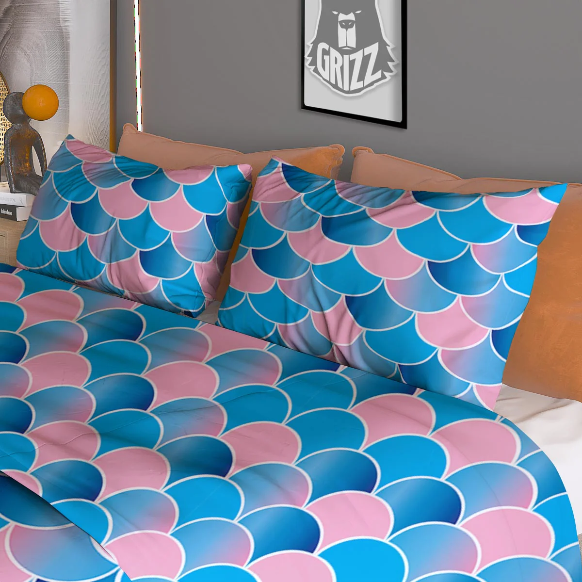 Mermaid Scales Teal Pink Print Pattern Duvet Cover Bedding Set - Image 3