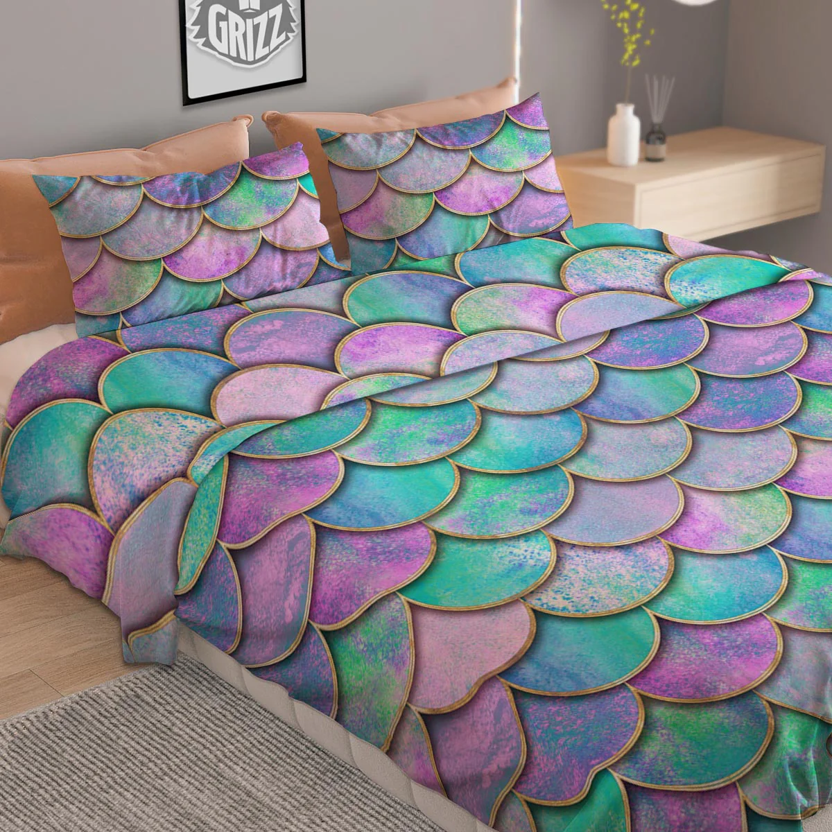 Mermaid Scales Teal Purple Print Pattern Duvet Cover Bedding Set - Image 2
