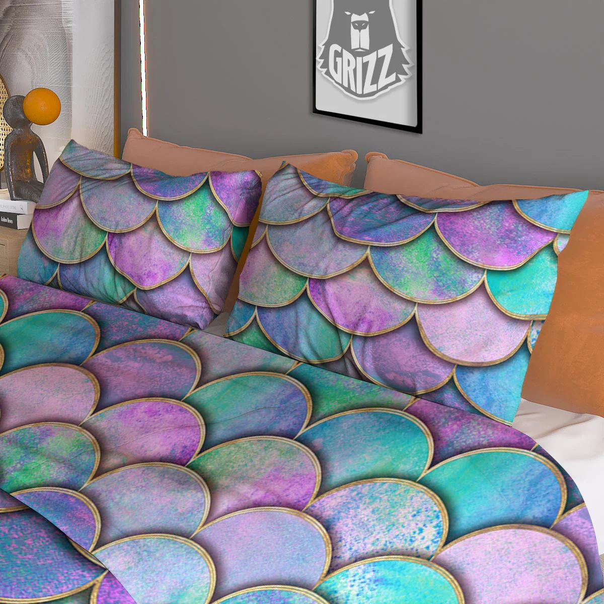 Mermaid Scales Teal Purple Print Pattern Duvet Cover Bedding Set - Image 3